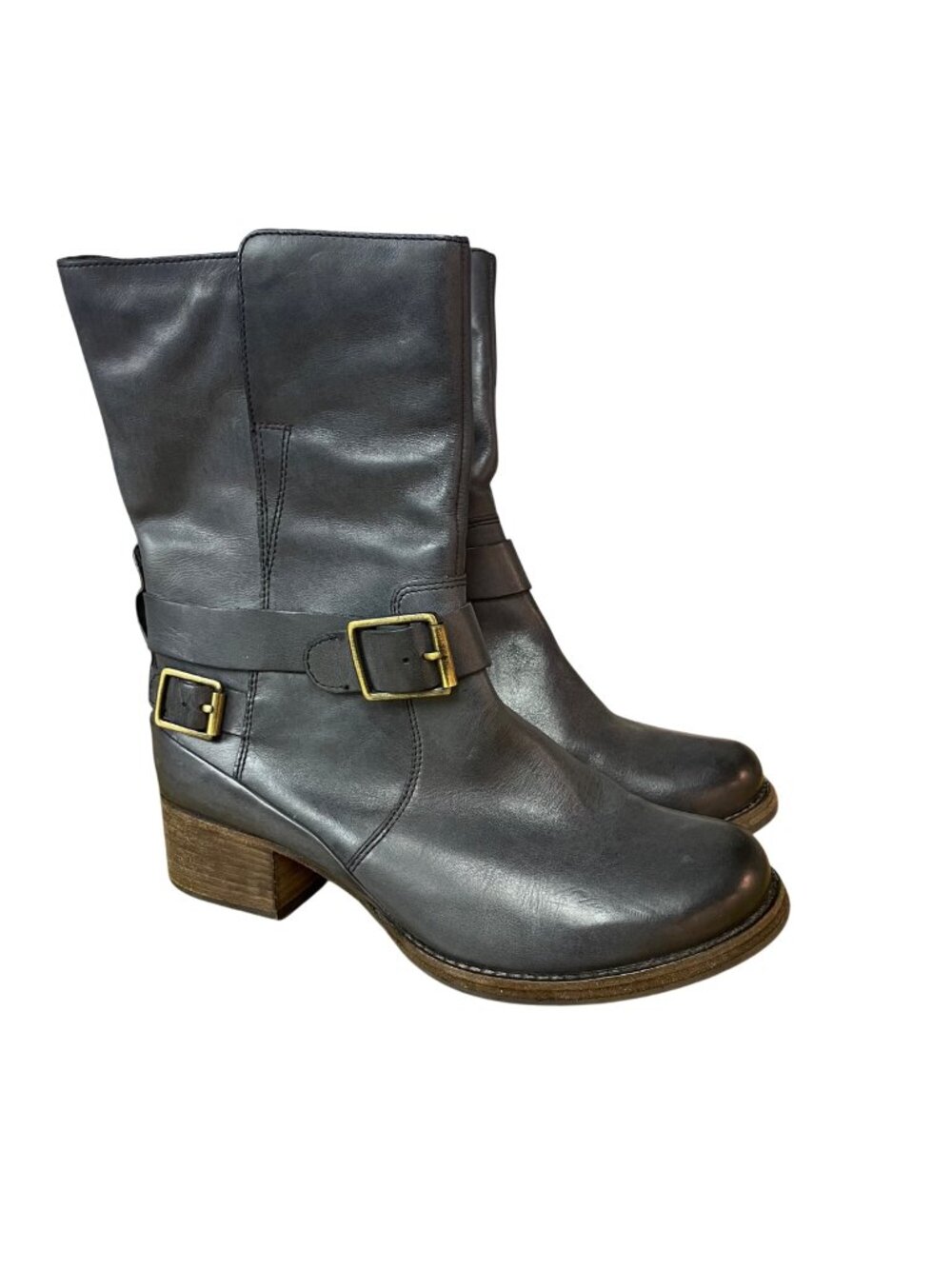 Clarks Monica Soul Mid Calf Biker Boots Leather Buckles Gray Sz 8.5 Moto‎